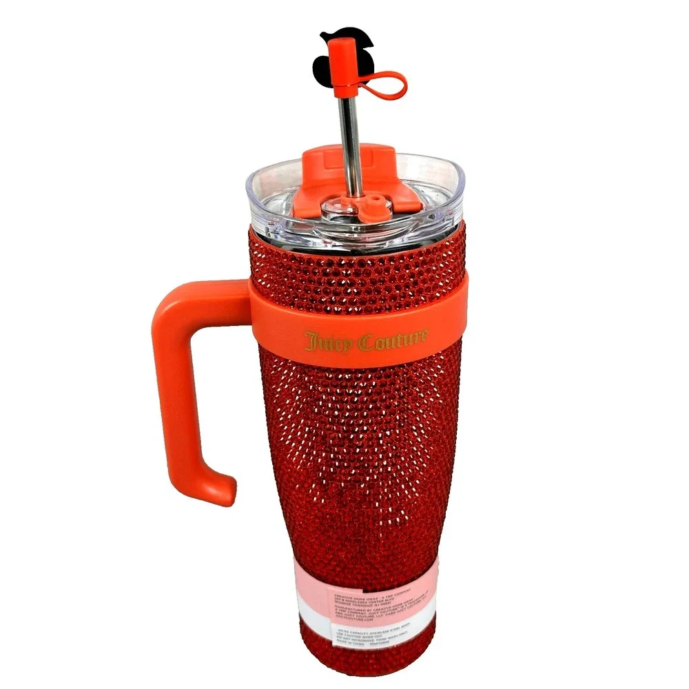 Juicy Couture Red Rhinestone Tumbler 40 oz Cherry Straw Handle Cup